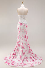 Strapless Mermaid Basque Waist White Fuchsia Floral Prom Dress