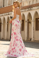 Strapless Mermaid Basque Waist White Fuchsia Floral Prom Dress