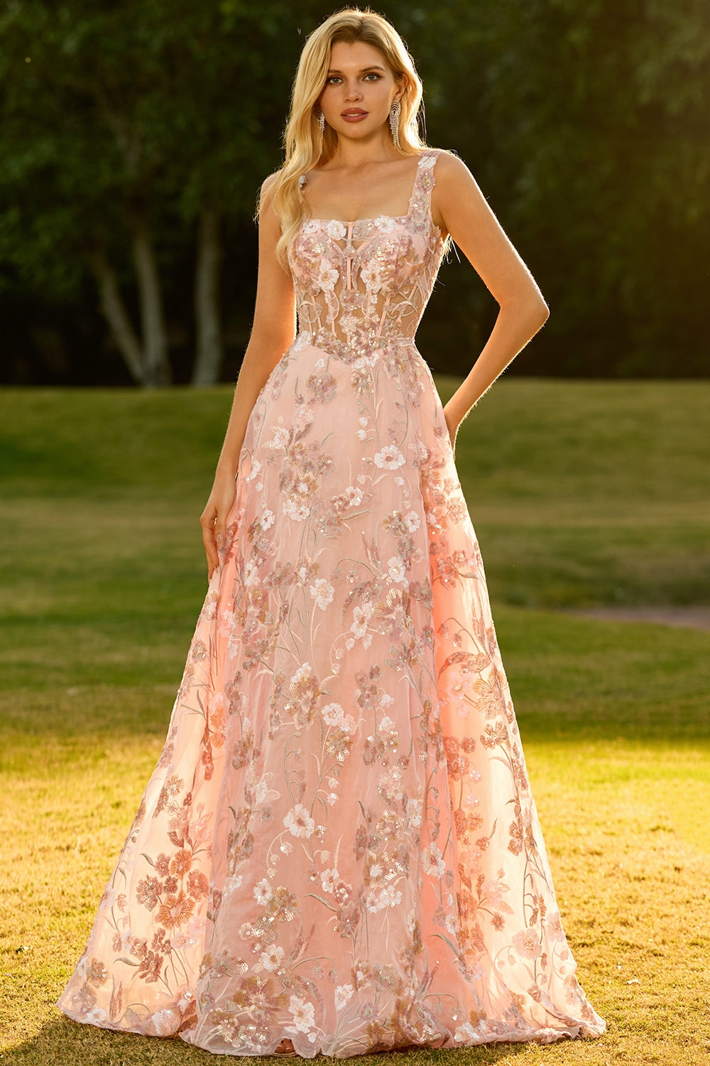 Pink Floral A-Line Corset Appliqued Maxi Prom Dress
