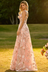 Pink Floral A-Line Corset Appliqued Maxi Prom Dress