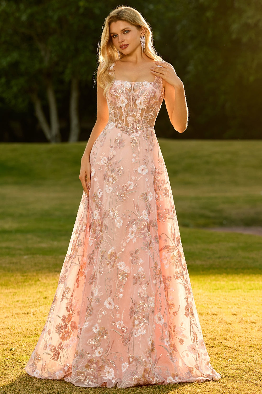 Pink Floral A-Line Corset Appliqued Maxi Prom Dress
