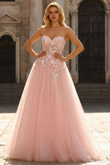 A Line Tulle Corset Blush Appliqued Prom Dress