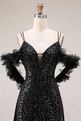 Sparkly Cold Shoulder Black Maxi Prom Dress with Slit