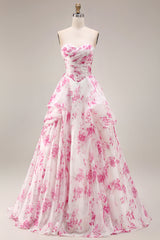 Strapless Basque Waist A Line White Fuchsia Floral Prom Dress