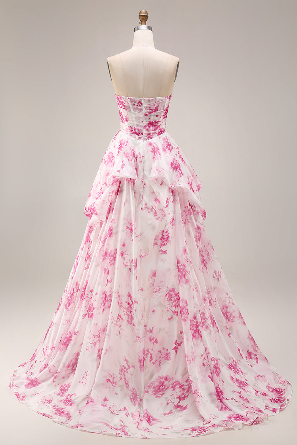 Strapless Basque Waist White Fuchsia Floral A Line Prom Dress