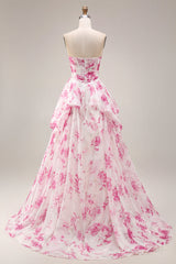 Strapless Basque Waist White Fuchsia Floral A Line Prom Dress
