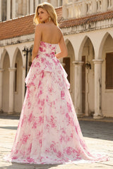 Strapless Basque Waist A Line White Fuchsia Floral Prom Dress