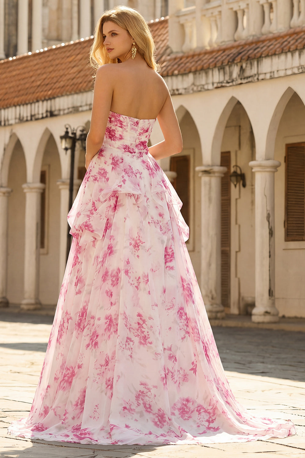 Strapless Basque Waist White Fuchsia Floral A Line Prom Dress