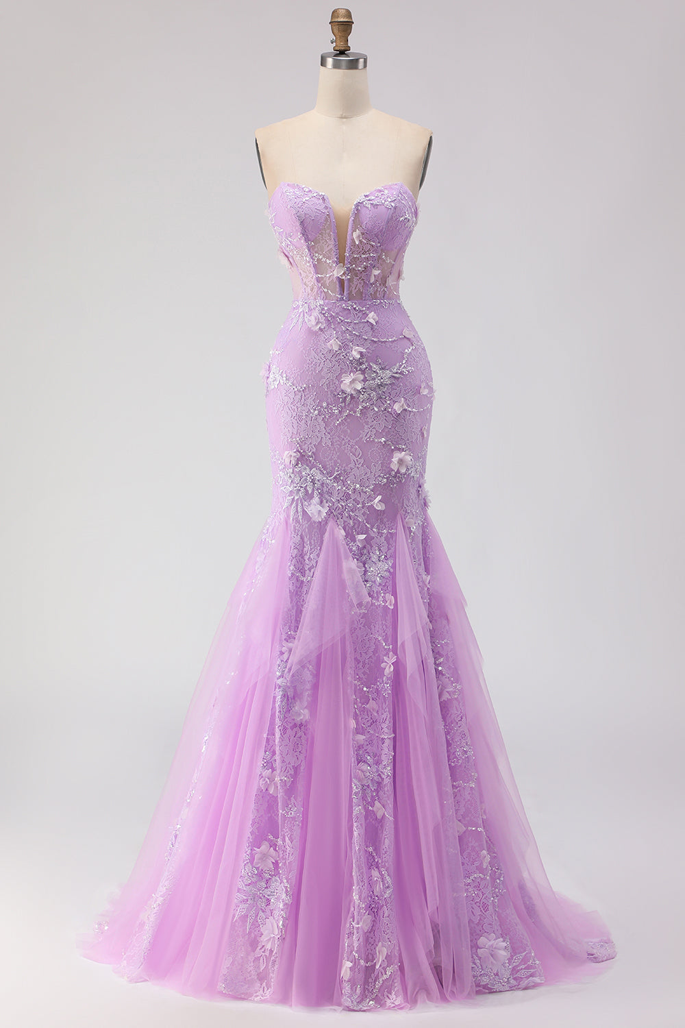 Purple 3D Floral Strapless Lace Mermaid Prom Dress