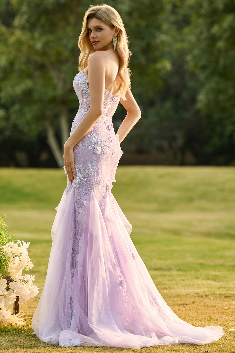 Purple 3D Floral Strapless Lace Mermaid Prom Dress