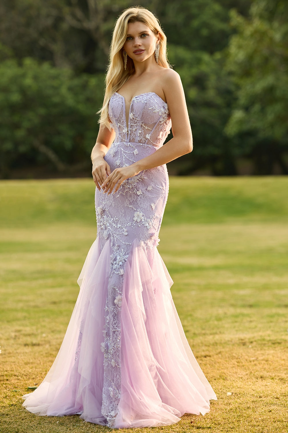 Purple 3D Floral Strapless Lace Mermaid Prom Dress