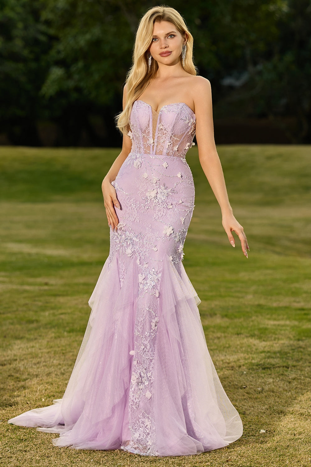Purple 3D Floral Strapless Lace Mermaid Prom Dress