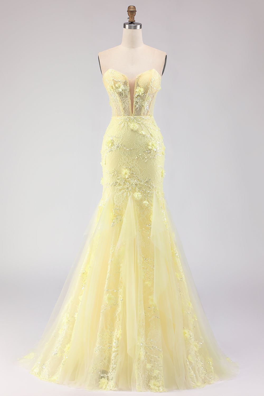 Yellow Strapless Corset Mermaid Prom Dress with 3D Flowers