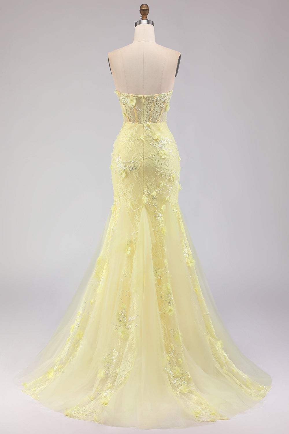 Yellow Strapless Corset Mermaid Prom Dress with 3D Flowers