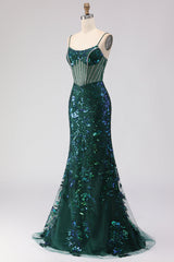 Sparkly Dark Green Corset Mermaid Maxi Prom Dress