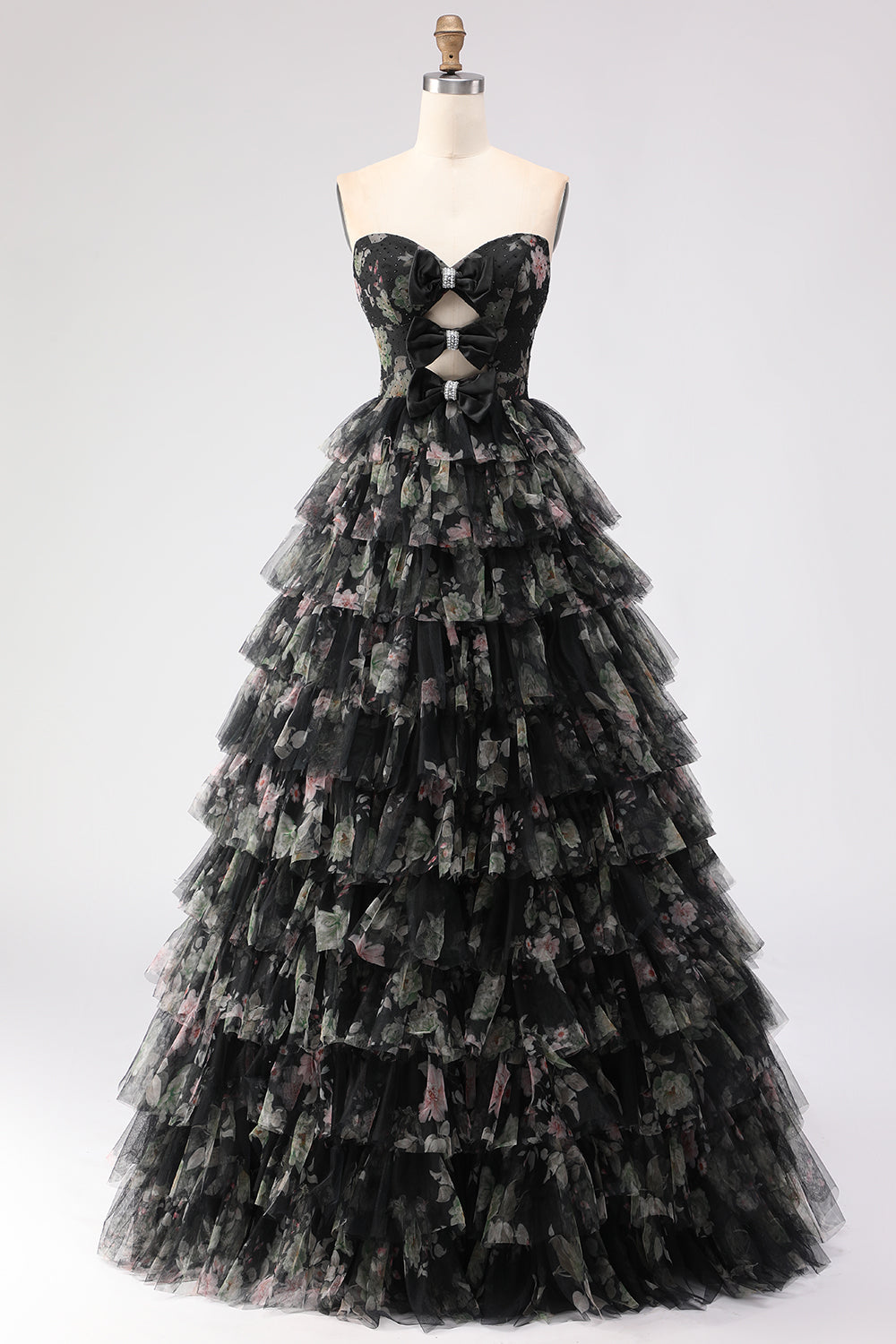Strapless Tiered Black Floral Cut Out Prom Dress with Bows