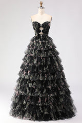 Strapless Tiered Black Floral Cut Out Prom Dress with Bows