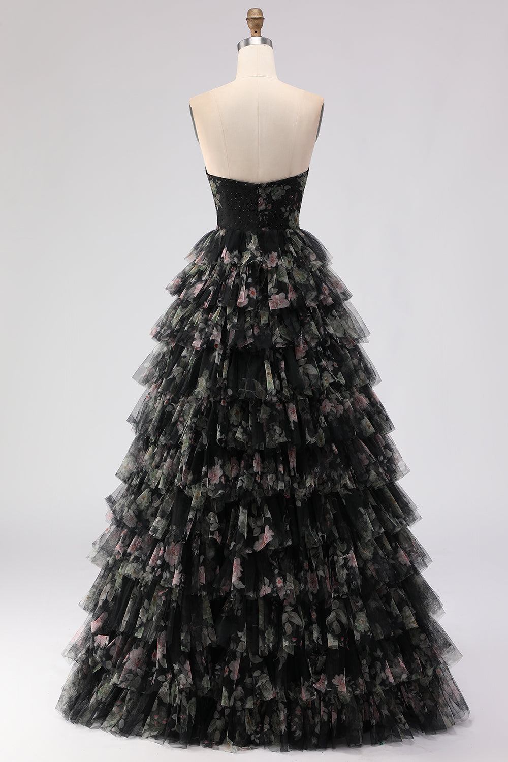Pink Floral Strapless Tiered Cut Out Bowed Prom Dress