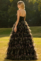 Strapless Tiered Black Floral Cut Out Prom Dress with Bows