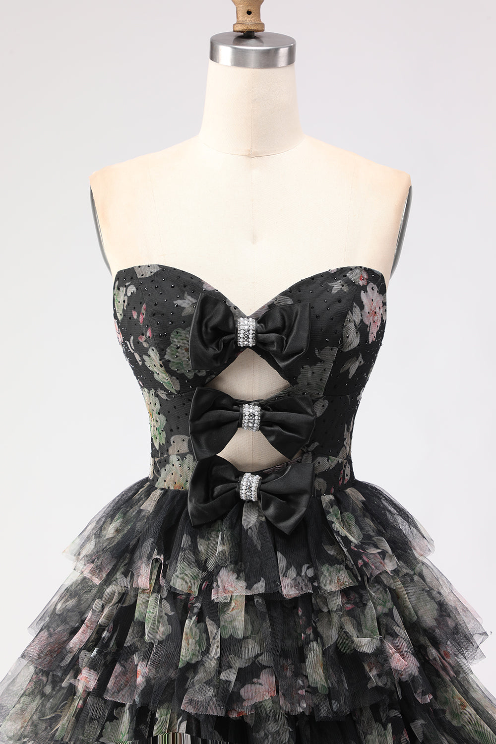 Strapless Tiered Black Floral Cut Out Prom Dress with Bows