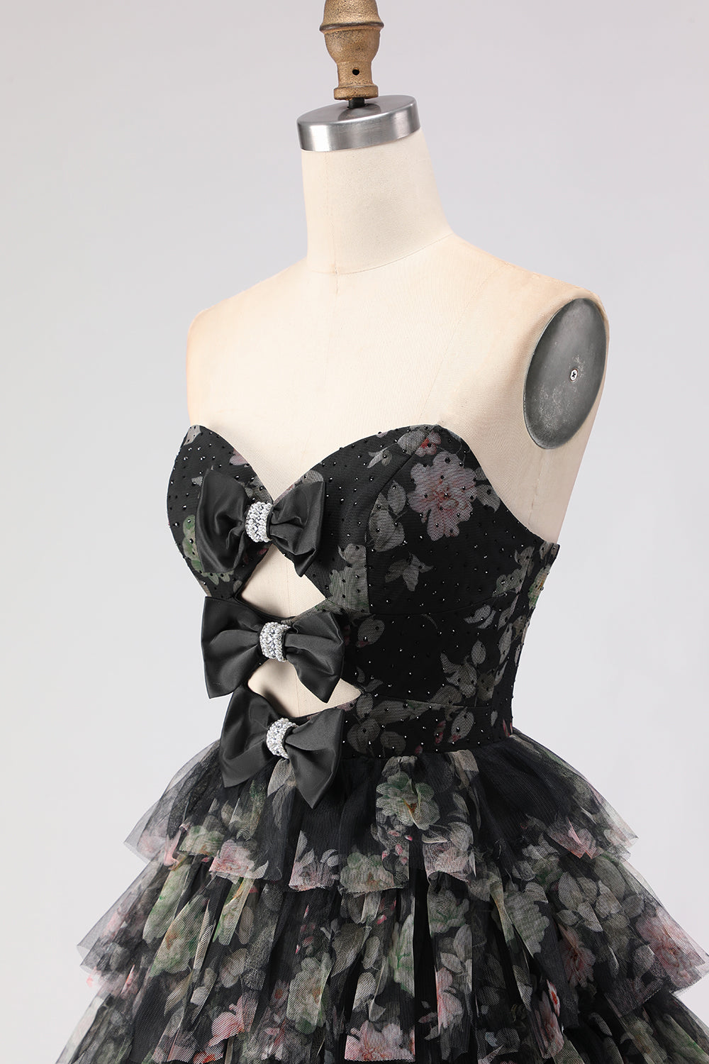 Strapless Tiered Pink Floral Cut Out Bowed Prom Dress
