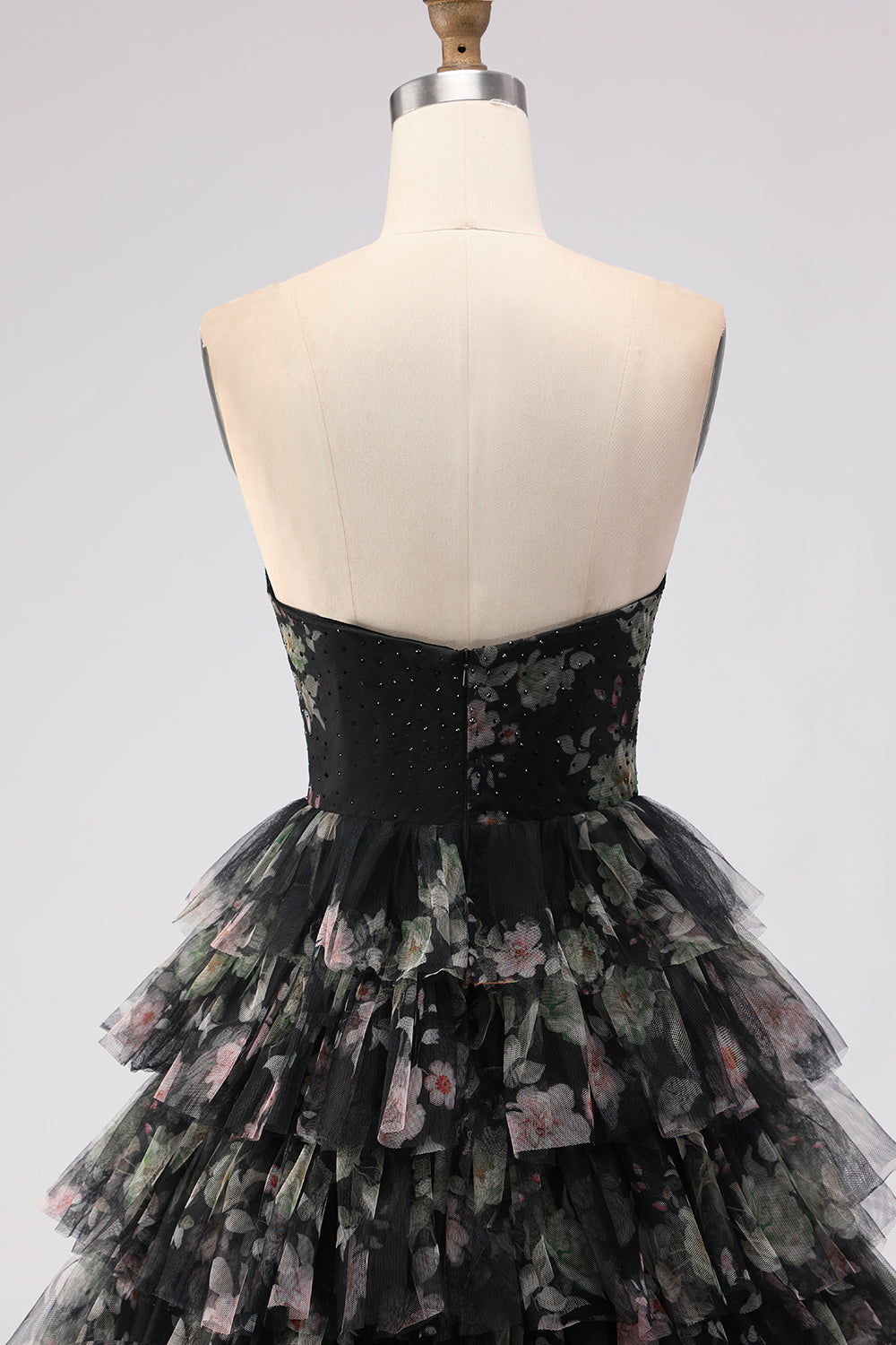 Strapless Tiered Pink Floral Cut Out Bowed Prom Dress