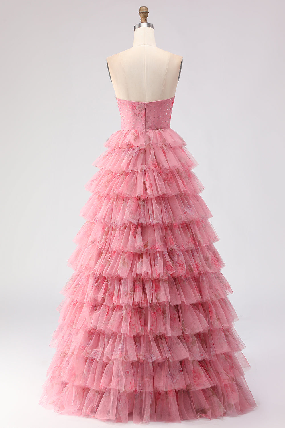 Strapless Tiered Pink Floral Cut Out Bowed Prom Dress