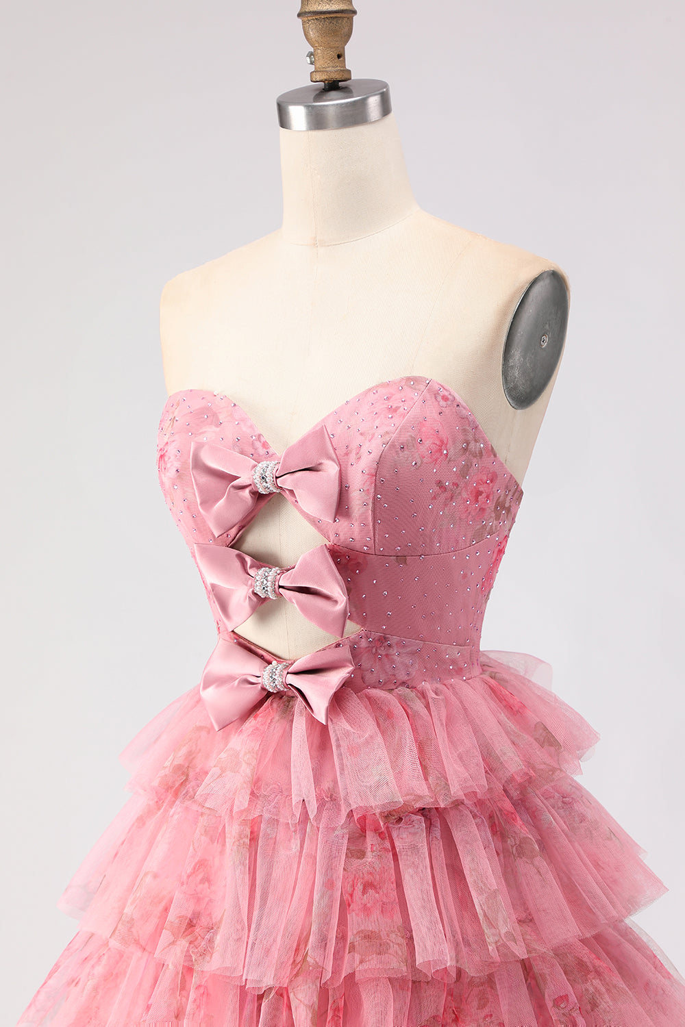 Strapless Tiered Pink Floral Cut Out Bowed Prom Dress
