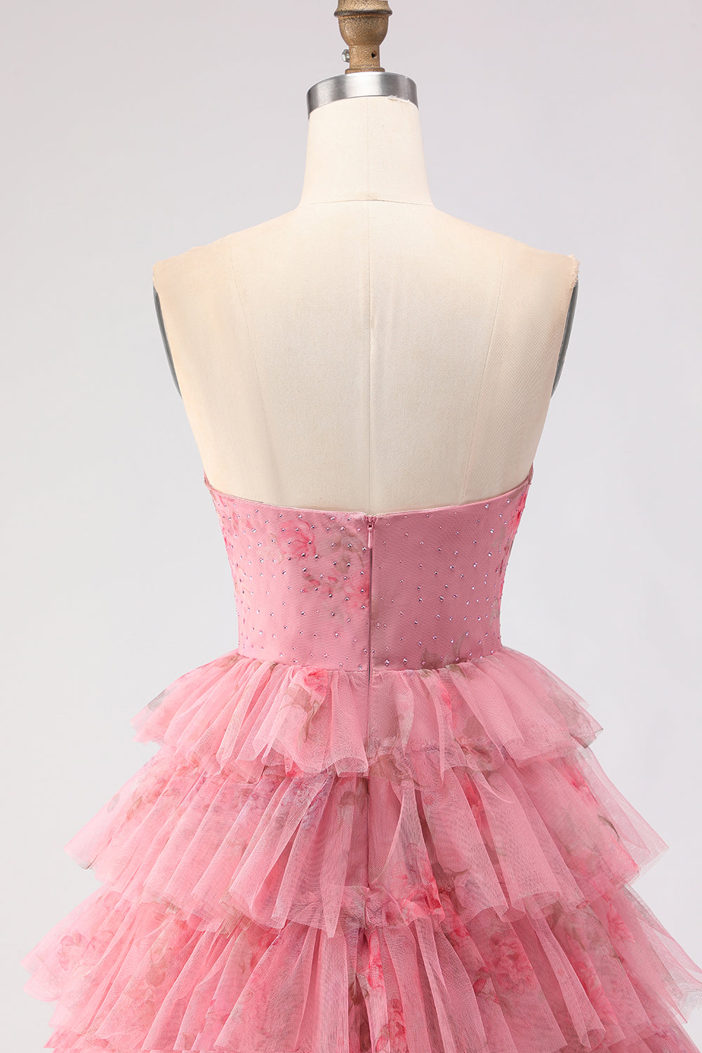 Strapless Tiered Pink Floral Cut Out Bowed Prom Dress