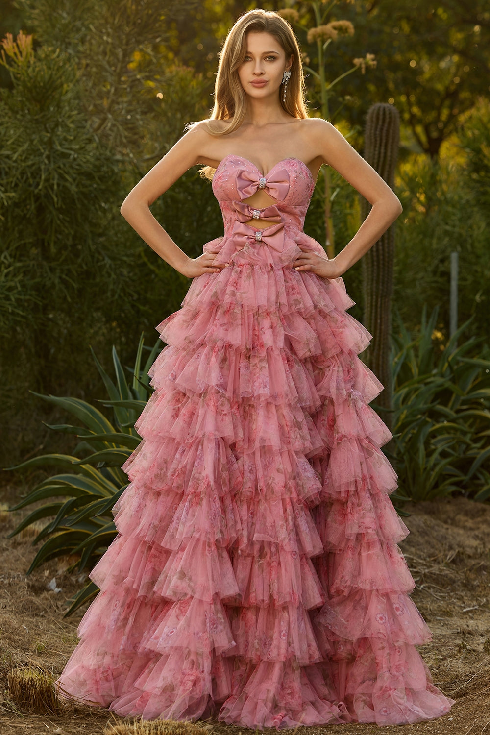 Strapless Tiered Pink Floral Cut Out Bowed Prom Dress
