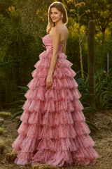 Pink Floral Strapless Tiered Cut Out Bowed Prom Dress