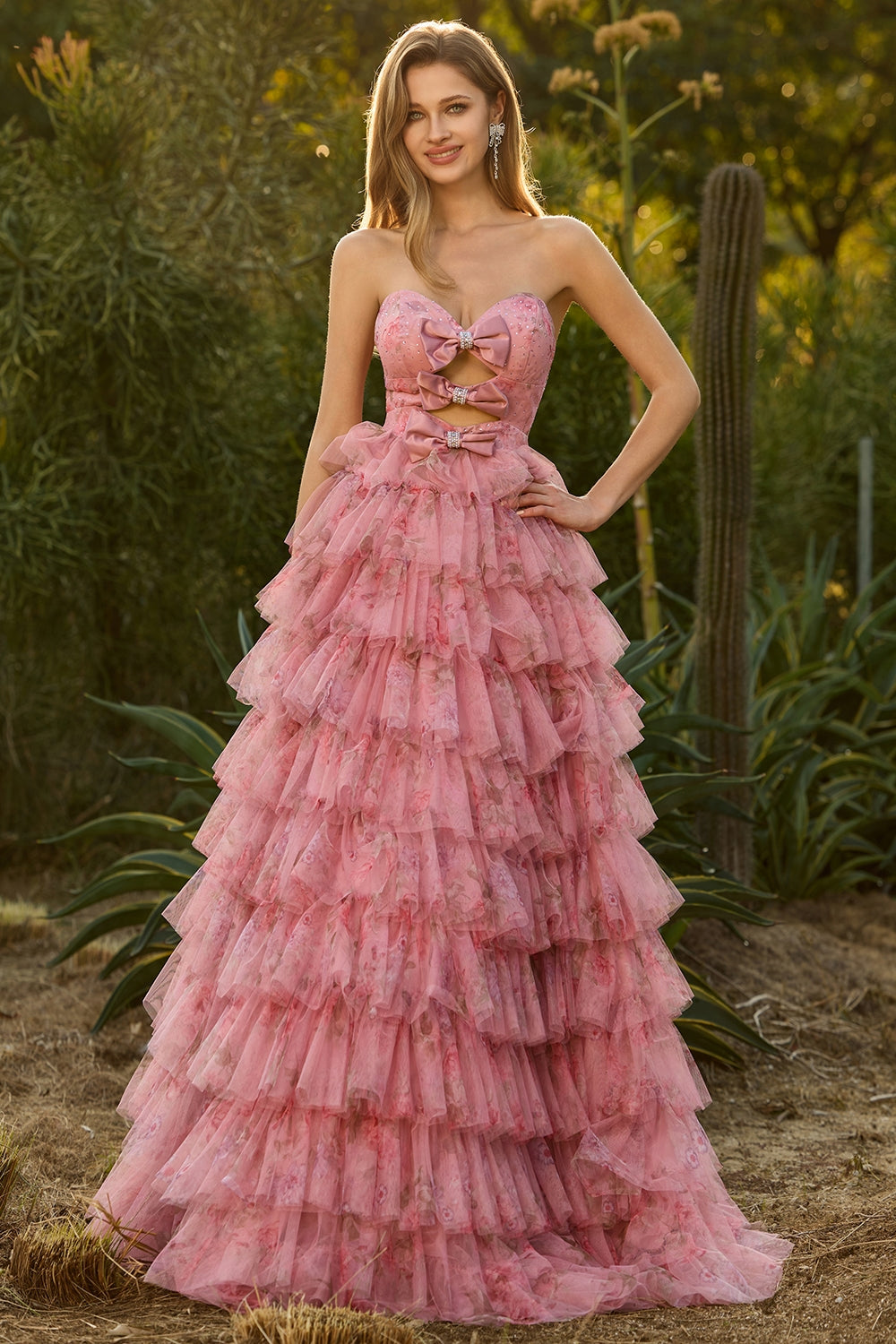 Black Floral Strapless Tiered Cut Out Prom Dress with Bows