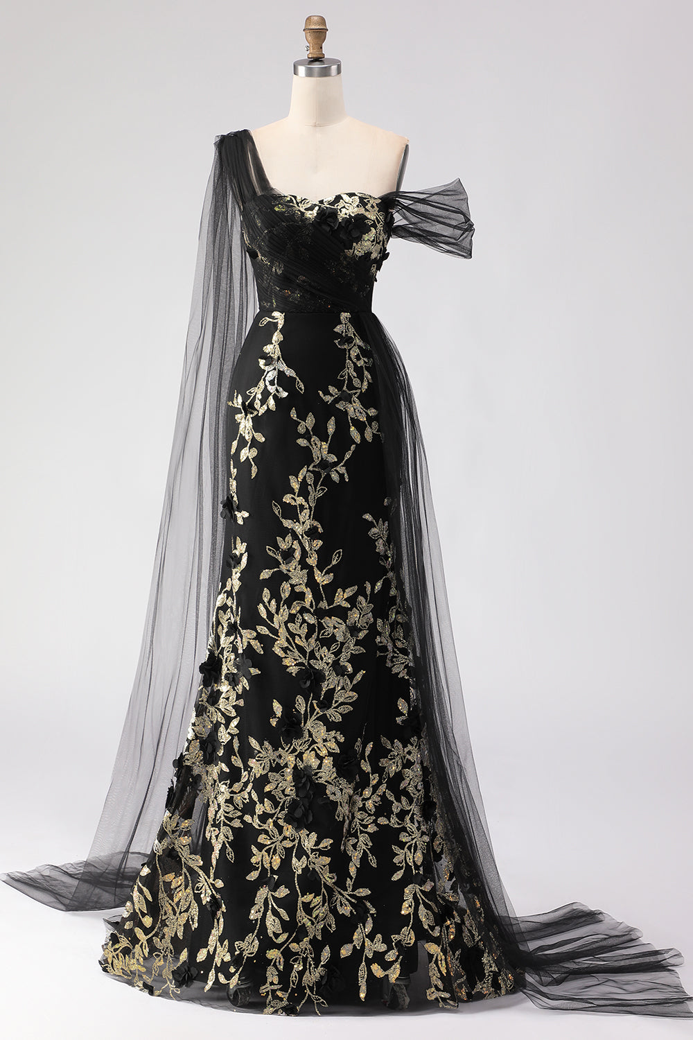 Mermaid Black Golden Sequin Asymmetrical Neck Prom Dress