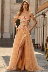 Off the Shoulder Appliqued Champagne A Line Prom Dress