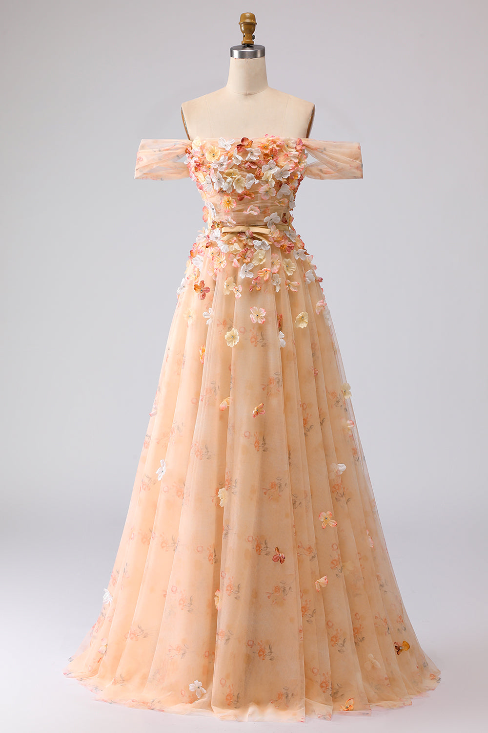 Off the Shoulder Appliqued Champagne A Line Prom Dress