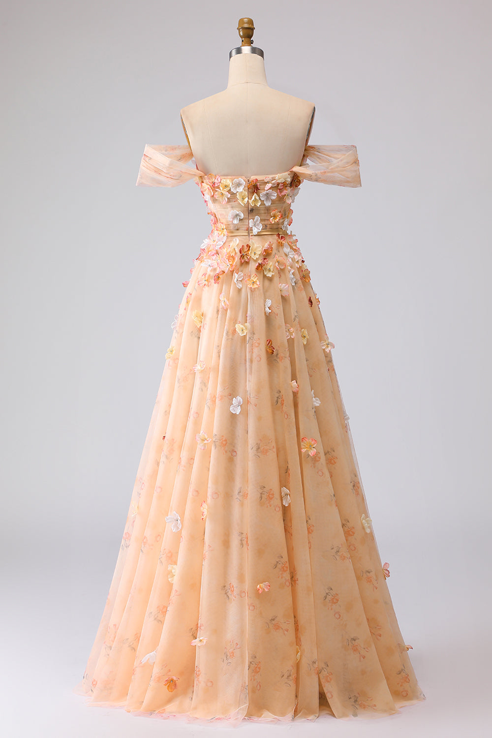 Off the Shoulder Appliqued Green Floral A Line Prom Dress