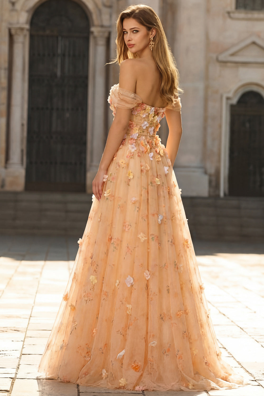 Off the Shoulder Appliqued Green Floral A Line Prom Dress