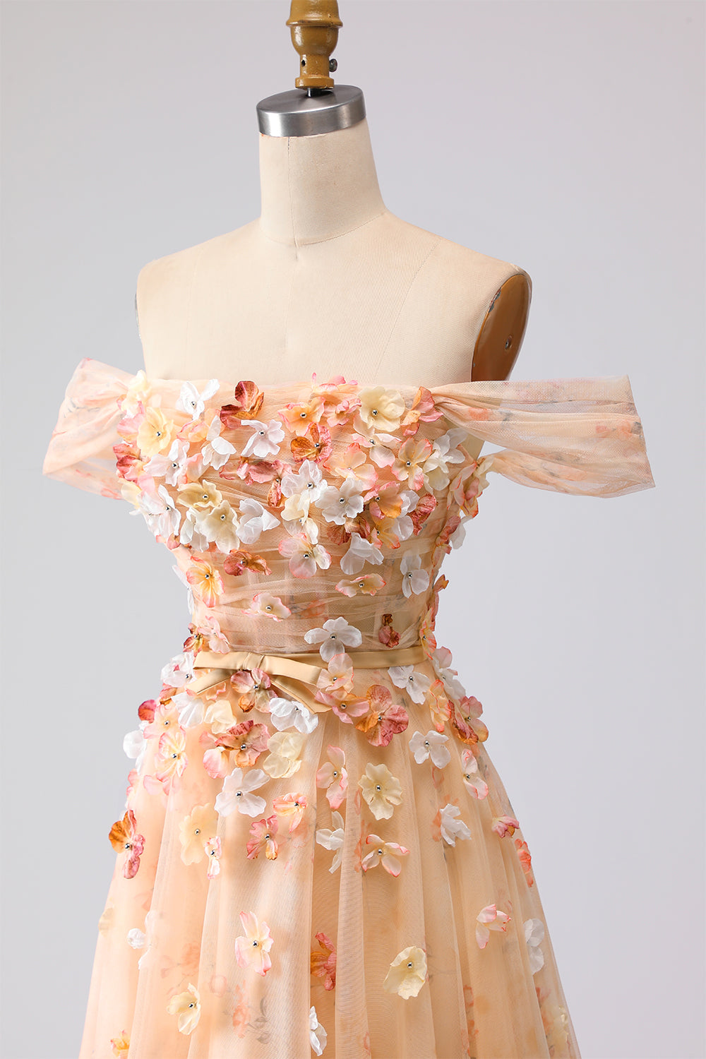 Off the Shoulder Appliqued Green Floral A Line Prom Dress