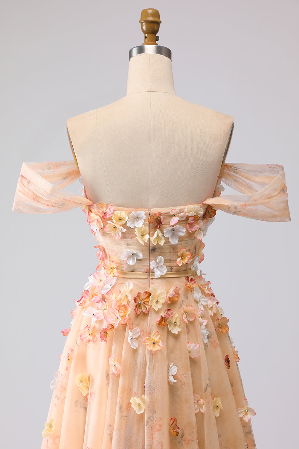 Off the Shoulder Appliqued Champagne A Line Prom Dress