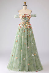 Off the Shoulder Floral Appliqued Green A Line Prom Dress