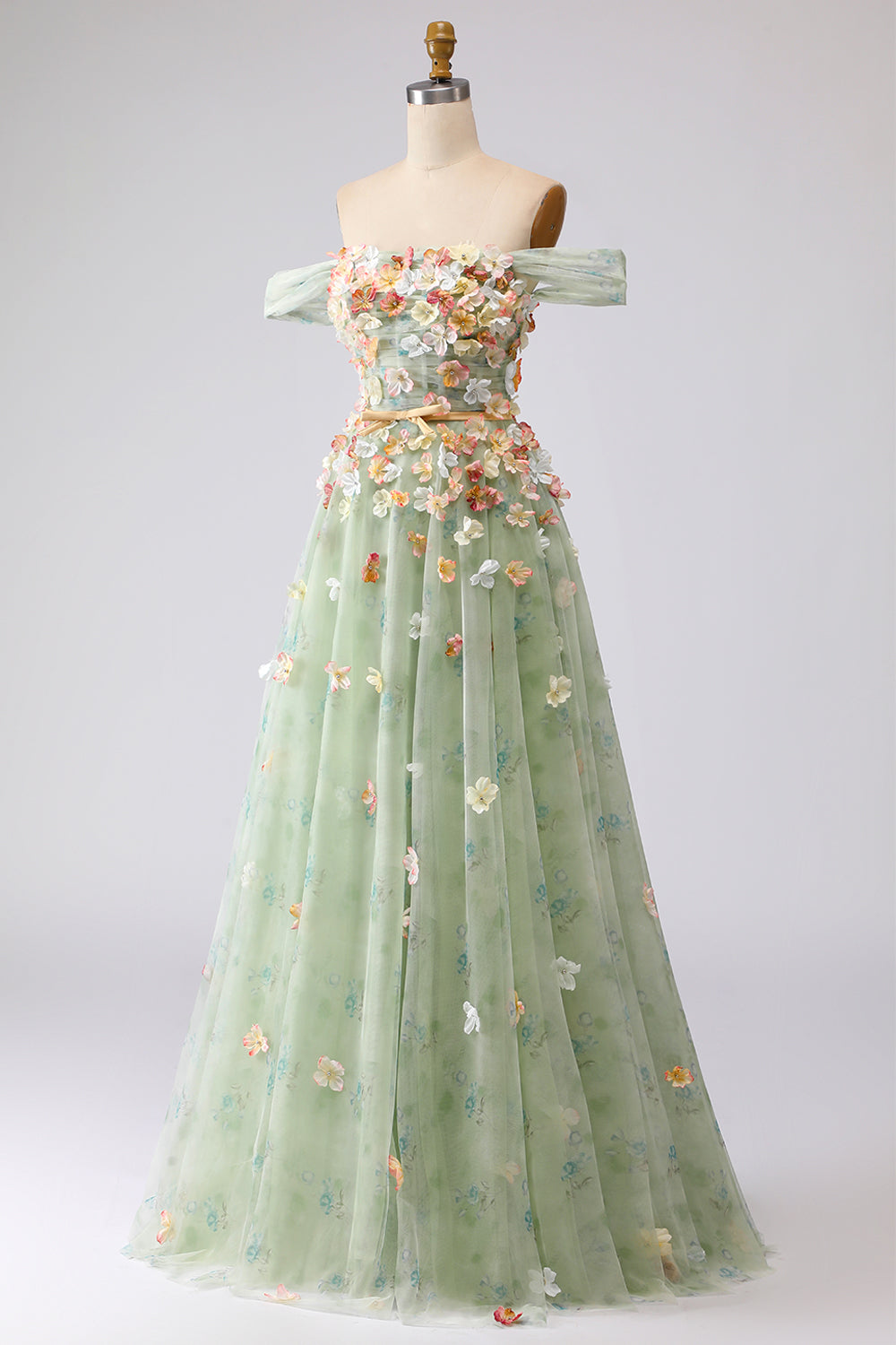 Off the Shoulder Appliqued Champagne A Line Prom Dress