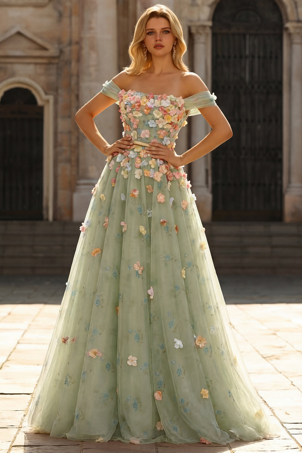 Off the Shoulder Floral Appliqued Green A Line Prom Dress
