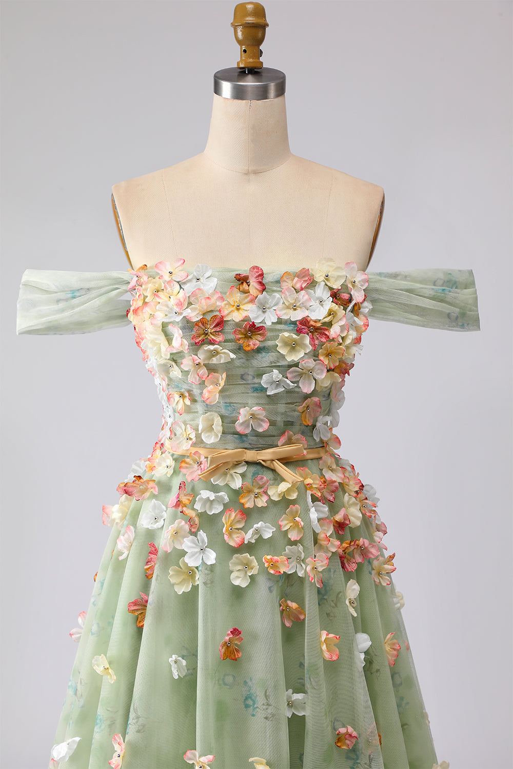 Off the Shoulder Appliqued Green Floral A Line Prom Dress