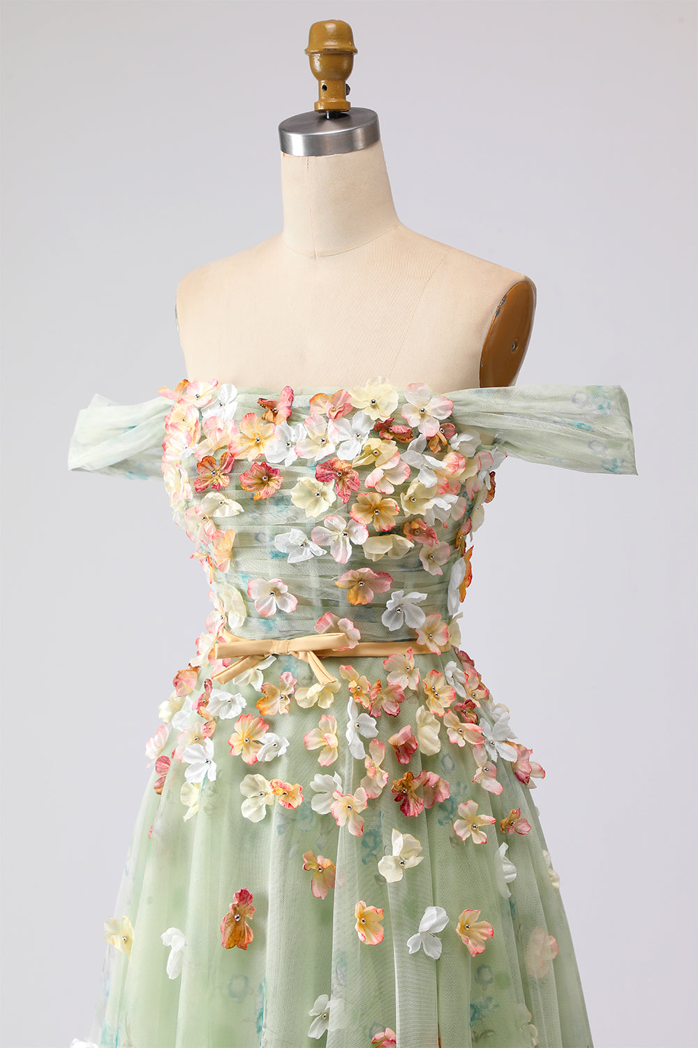 Off the Shoulder Appliqued Champagne A Line Prom Dress