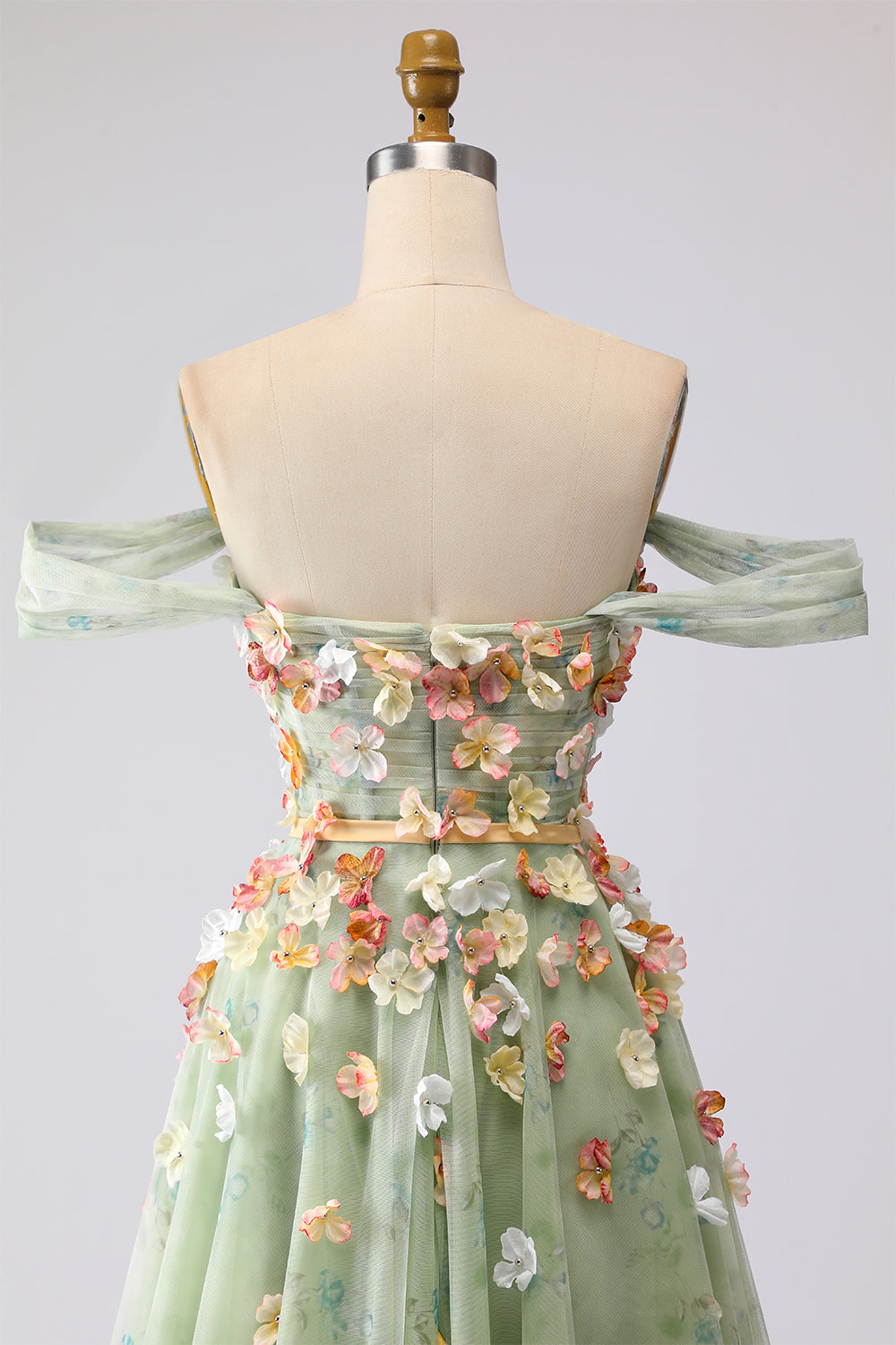 Off the Shoulder Appliqued Green Floral A Line Prom Dress