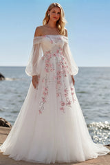 White A Line Off The Shoulder Appliqued Wedding Dress