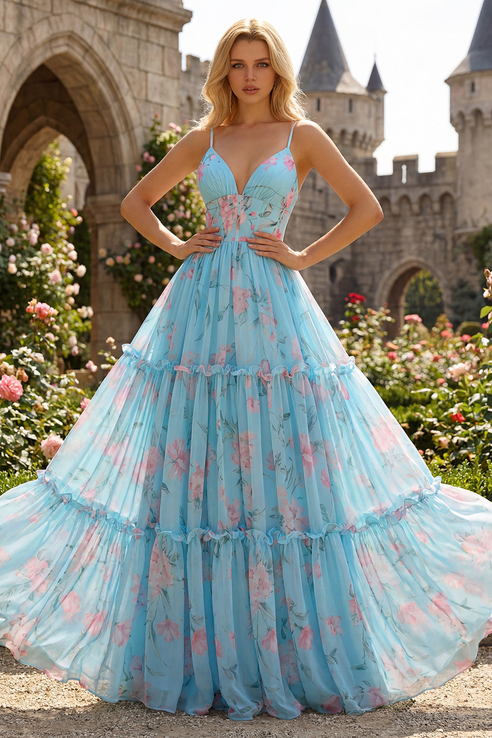 A Line Pleated Green Purple Floral Ruffled Maxi Prom Dress
