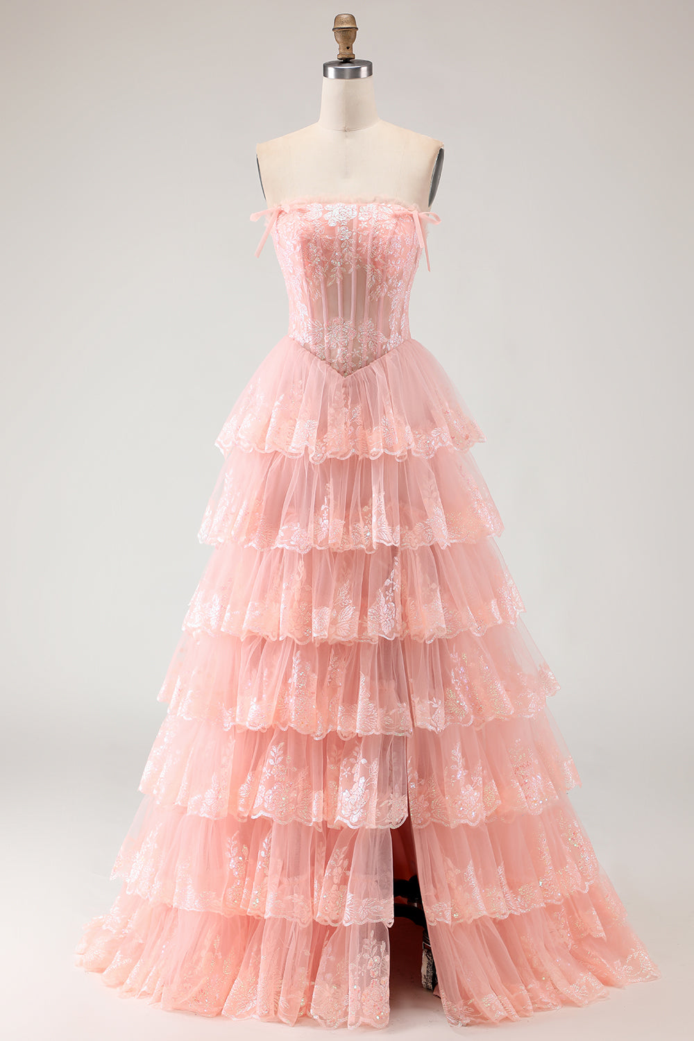 Strapless Tiered Corset Blush Prom Dress with Ruffles