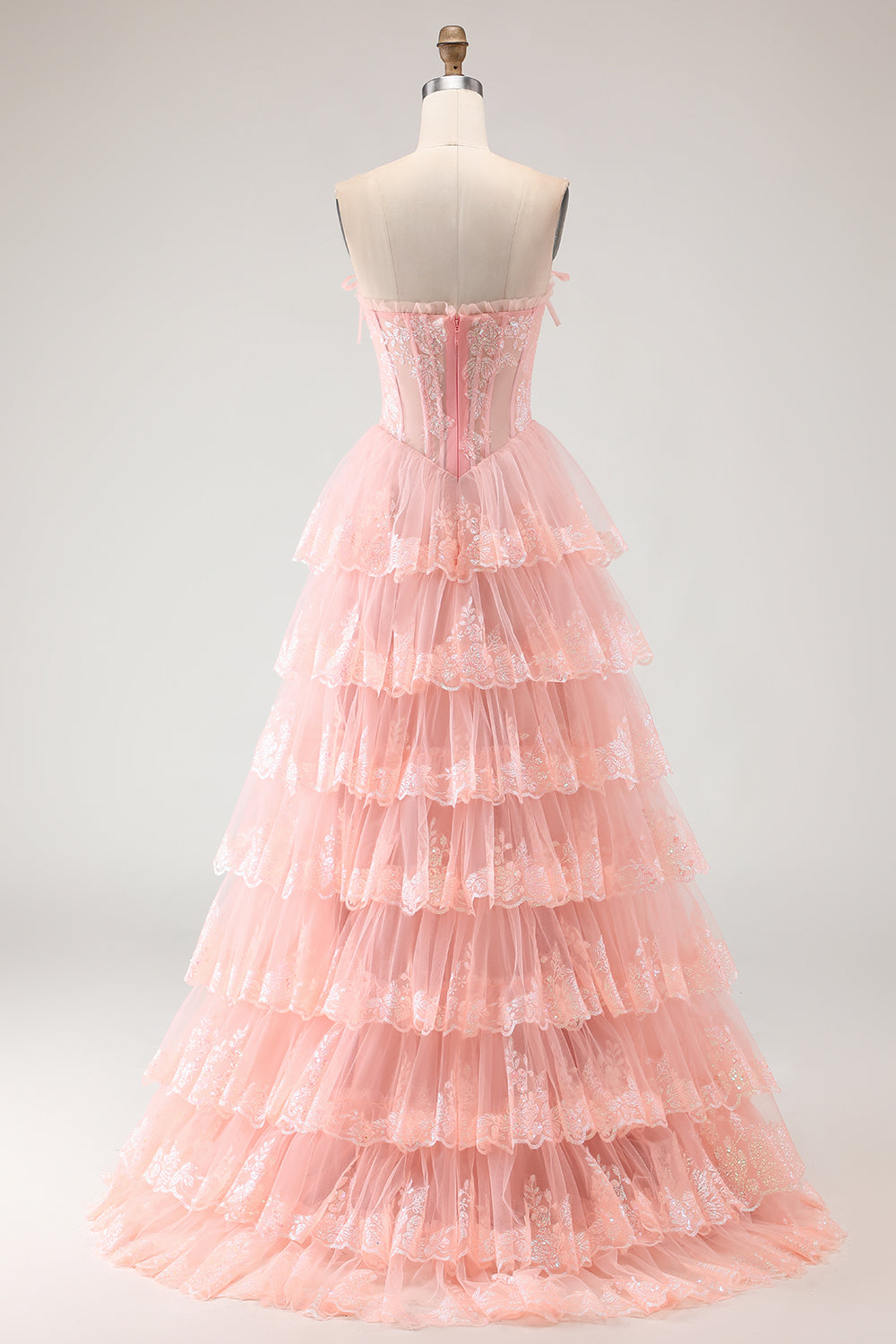Strapless Tiered Corset Blush Prom Dress with Ruffles