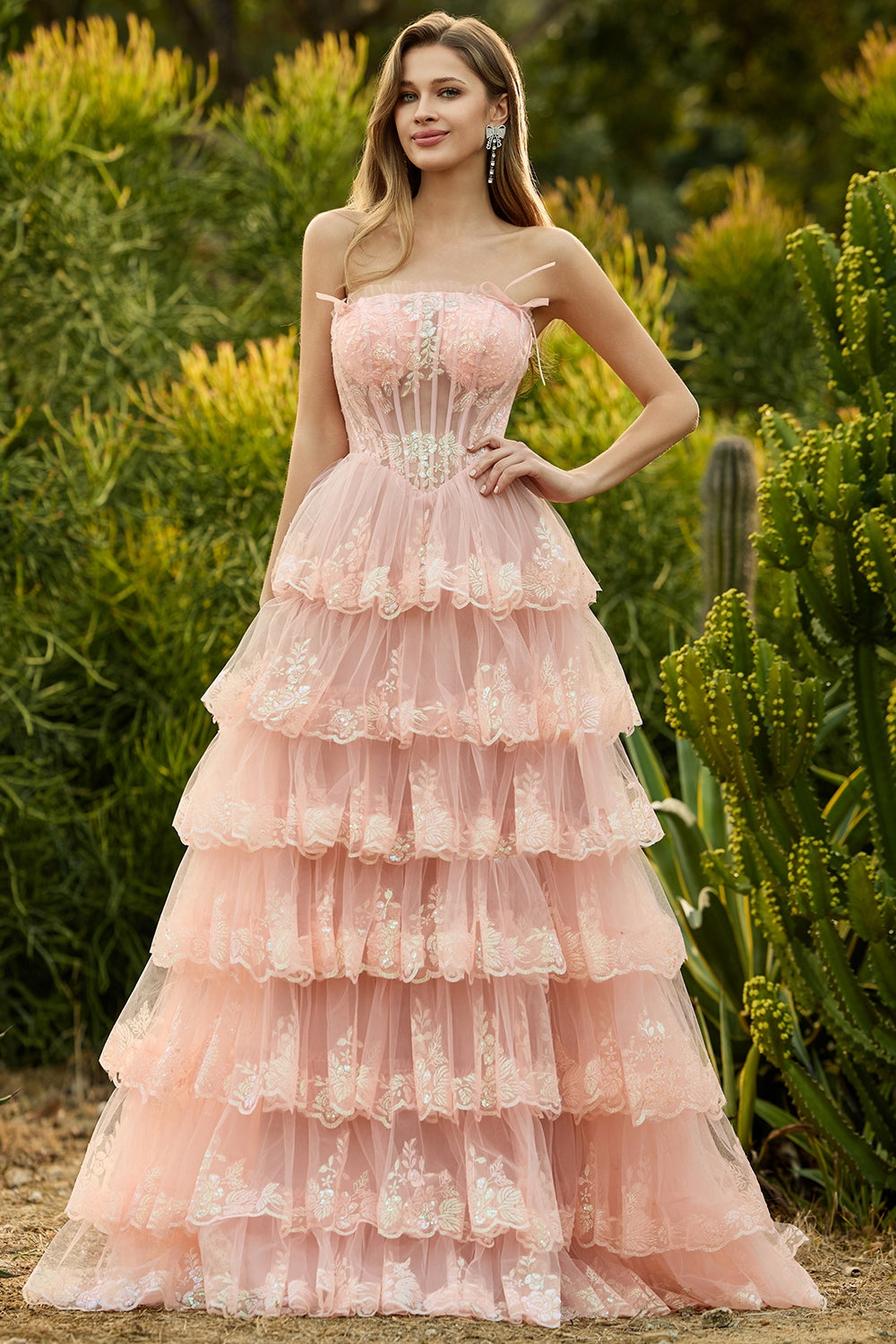 Strapless Lilac Tiered Corset Prom Dress with Ruffles